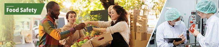 Banner with a collage of two photos including a couple shopping at a farmers market for produce and two technicians in a lab