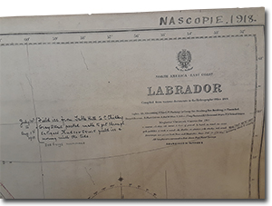 close up of top of map of Labrador, with handwritten note &ldquo;July 30th to Aug. 1st 1918 { Field ice from Table Hill to C. Childey Gray Strait packed. Unable to get through. Entrance Hudson Strait field ice and moving with the tide. Icebergs numerous.&rdquo;